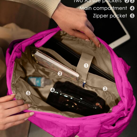 Women Puffer Tote Bag Lightweight Quilted Shoulder Travel Work Accessory - Picture 3 of 6